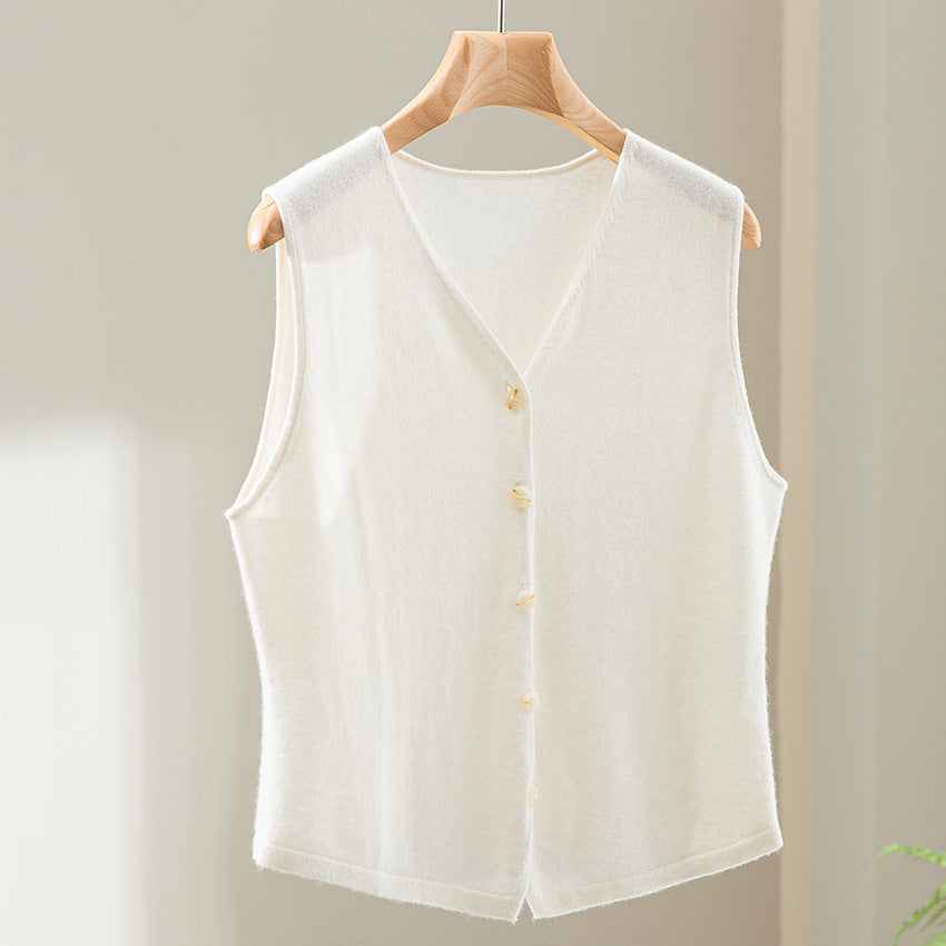 Women's soft fine knit vest with V-neck and continuous button placket Mune Fashion