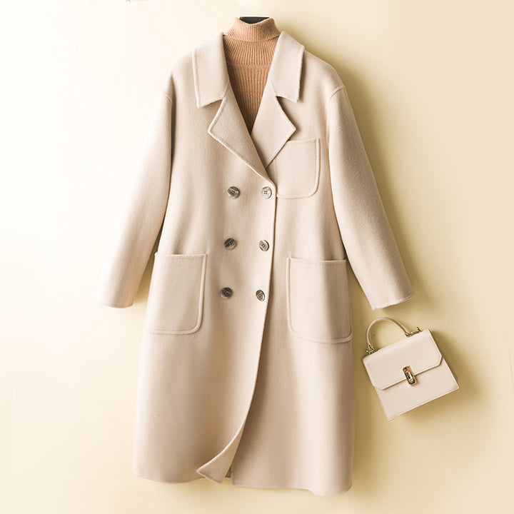 Women's Oversized Double-Breasted Wool Blend Coat with Patch Pockets Mune Fashion