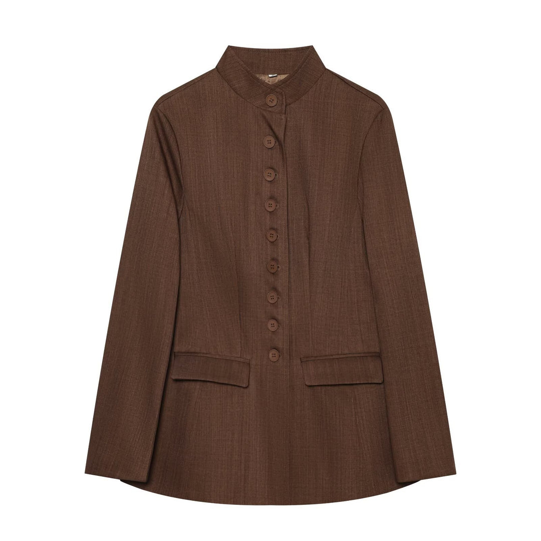 Women Long Blazer with Stand Collar and Continuous Button Placket Mune Fashion