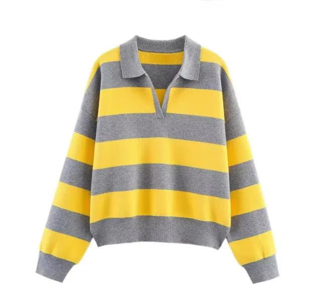 Women's oversized rugby pullover with polo collar, V-neck and wide stripes Mune Fashion