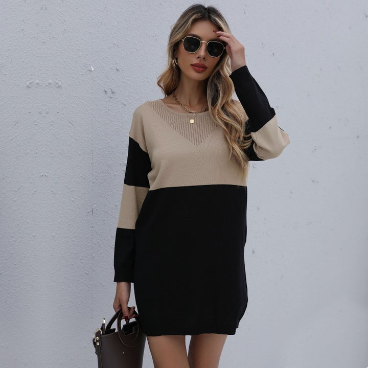 Women's Oversize Knit Mini Dress with Colorblock Insert and Ribbed Hem Mune Fashion