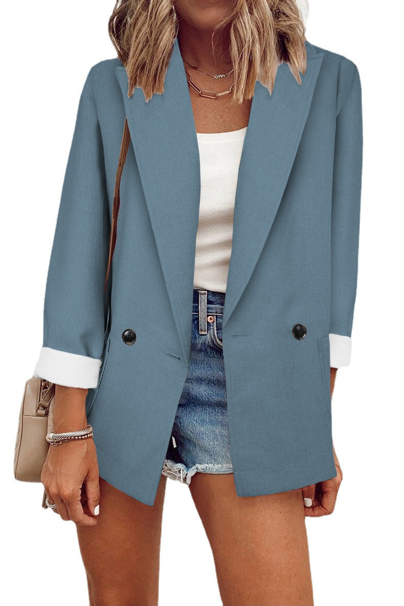 Women's Oversize Longline Blazer with 3/4 Sleeves, Contrast Lapel and Patch Pockets Mune Fashion