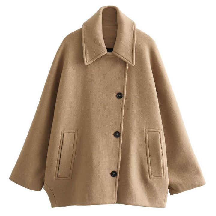 Women Oversized Wool Blend Boxy Short Coat with Lapel Collar and Insert Pockets Mune Fashion