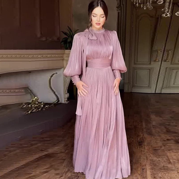 Women Elegant Chiffon Maxi Dress with Tailored Wrap Waist, Stand Collar and Long Puff Sleeves Mune Fashion