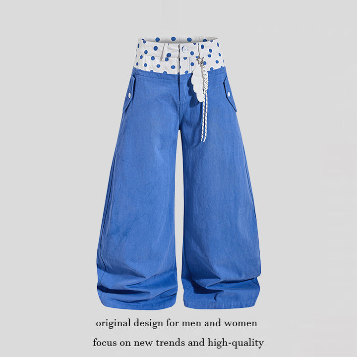 Women's Wide High-Waist Palazzo Pants with Polka-Dot Waistband and Jewelry Pendant Mune Fashion