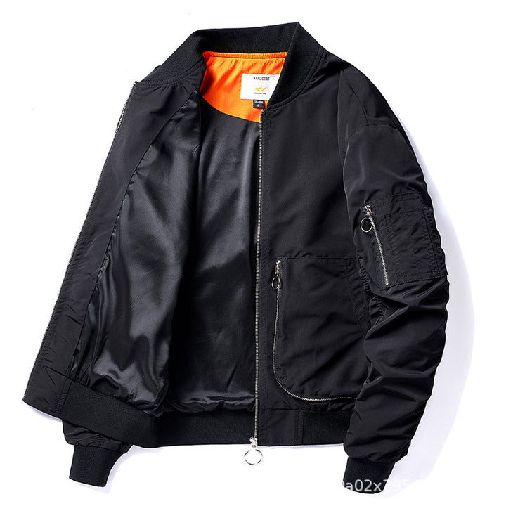 Men's modern nylon bomber jacket in pilot style with utility arm pocket and contrasting interior lining Mune Fashion