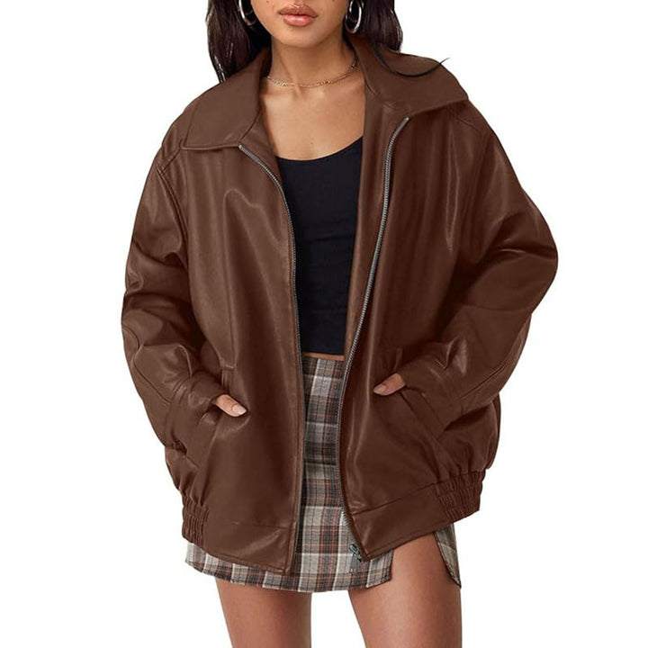 Women Oversize Faux Leather Blouson with Zipper and Elastic Hem Mune Fashion