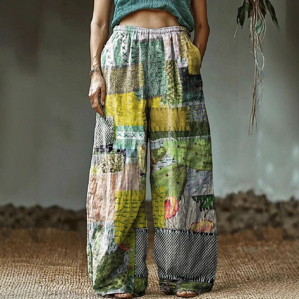 Women's Wide Leisure Pants with Ethnic Patchwork Pattern Mune Fashion