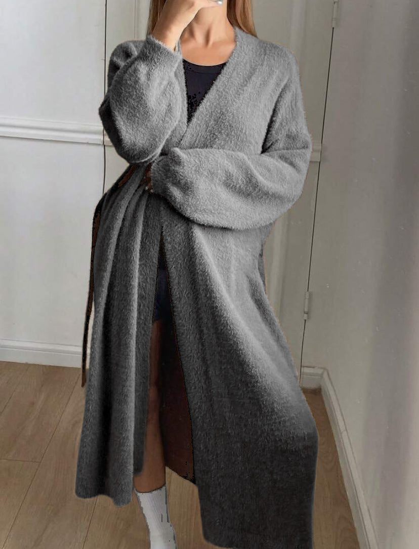 Women's Long Wrap Cardigan in Fuzzy Look with Tie Belt Mune Fashion