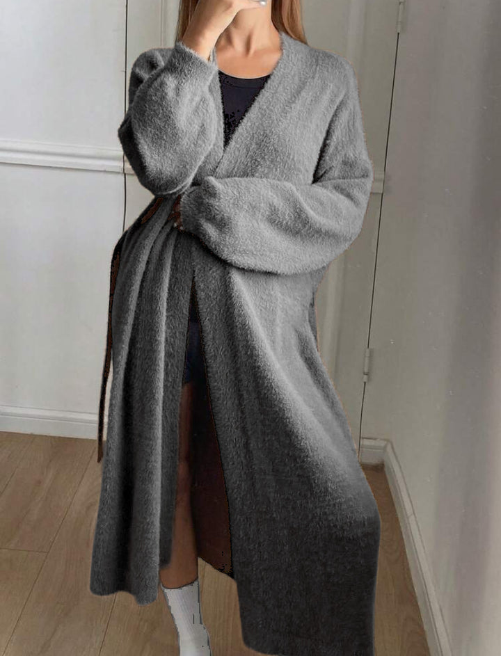 Women's Long Wrap Cardigan in Fuzzy Look with Tie Belt Mune Fashion