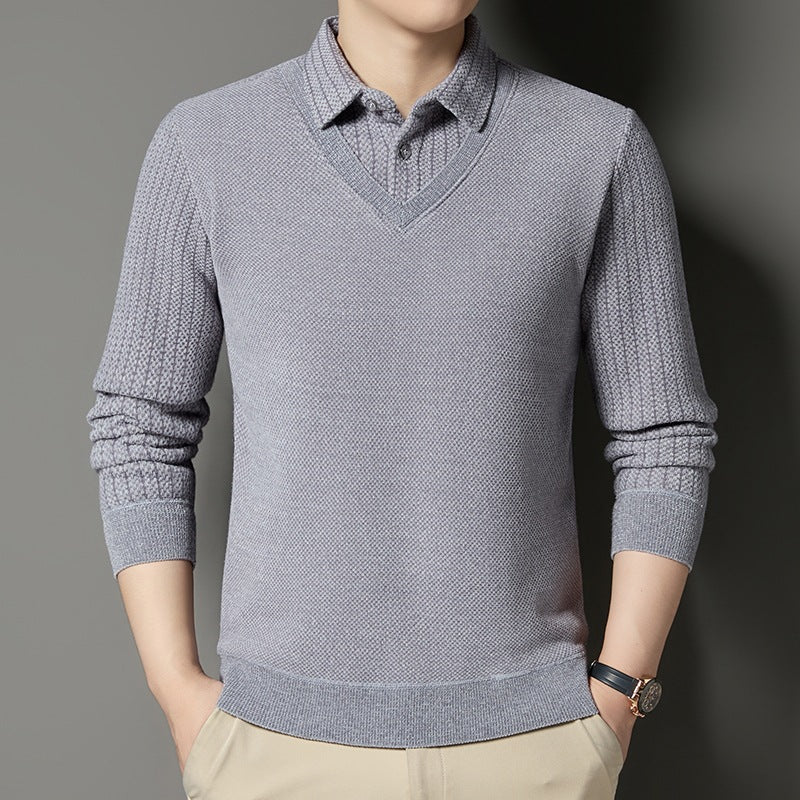 Men's fine knit sweater with V-neck and integrated polo collar Mune Fashion