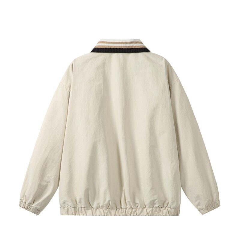 Men's Lightweight Harrington-Style Bomber Jacket with Striped Ribbed Collar and Snap Button Pockets Mune Fashion