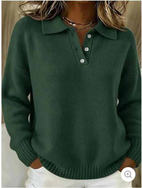 Women's cozy polo collar sweater with short button placket and ribbed cuffs Mune Fashion