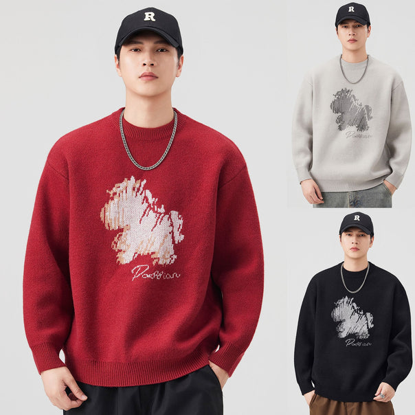 Men's stylish chunky knit sweater with creative animal motif application Mune Fashion
