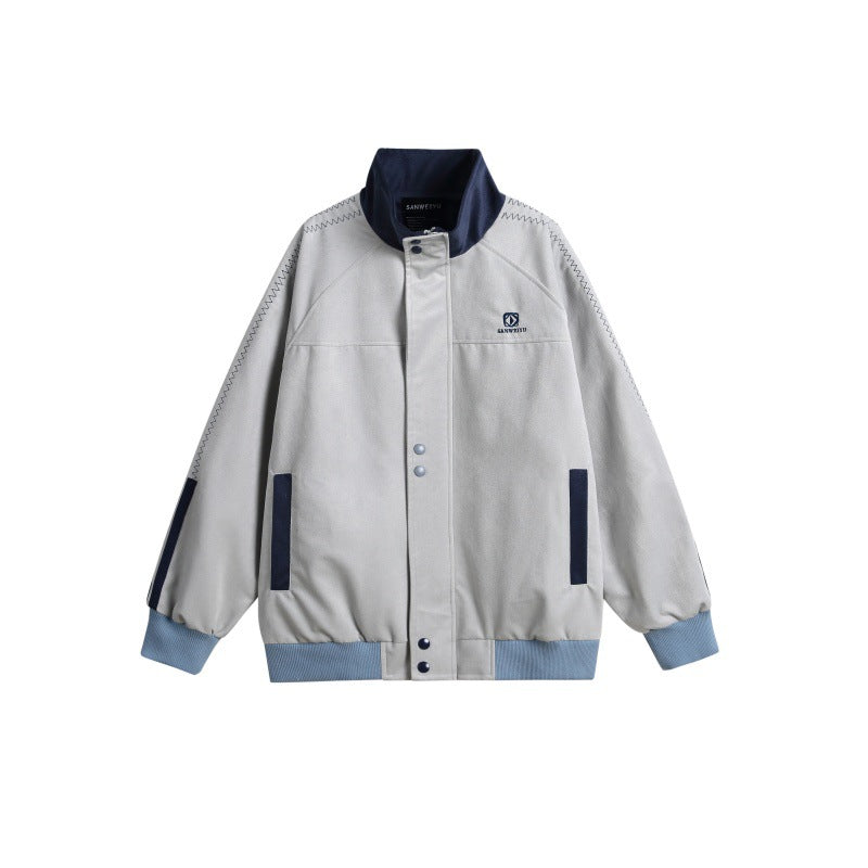 Men's bomber jacket in boxy cut with high stand-up collar, snap button placket and contrast piping Mune Fashion