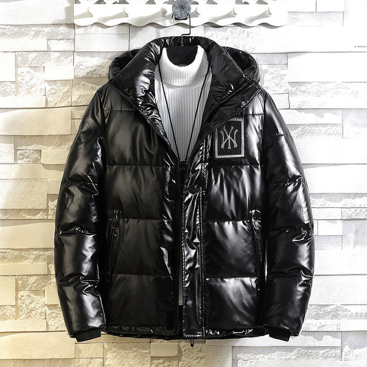 Men's Quilted Metallic Padded Jacket with Hood and Windproof Front Mune Fashion
