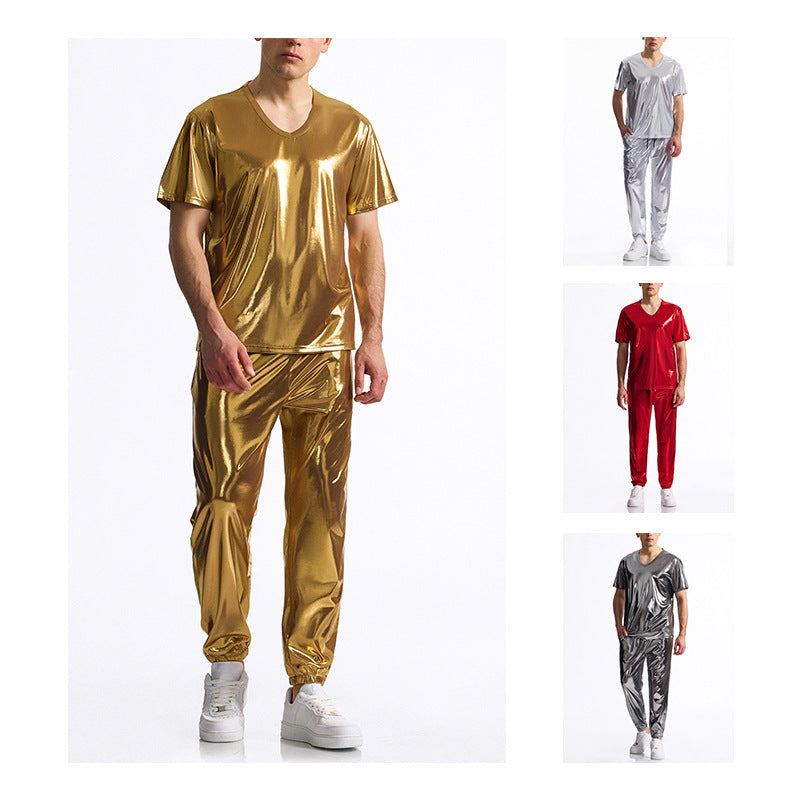 Men's Sporty Set Made Of Shiny Material with V-Neck Mune
