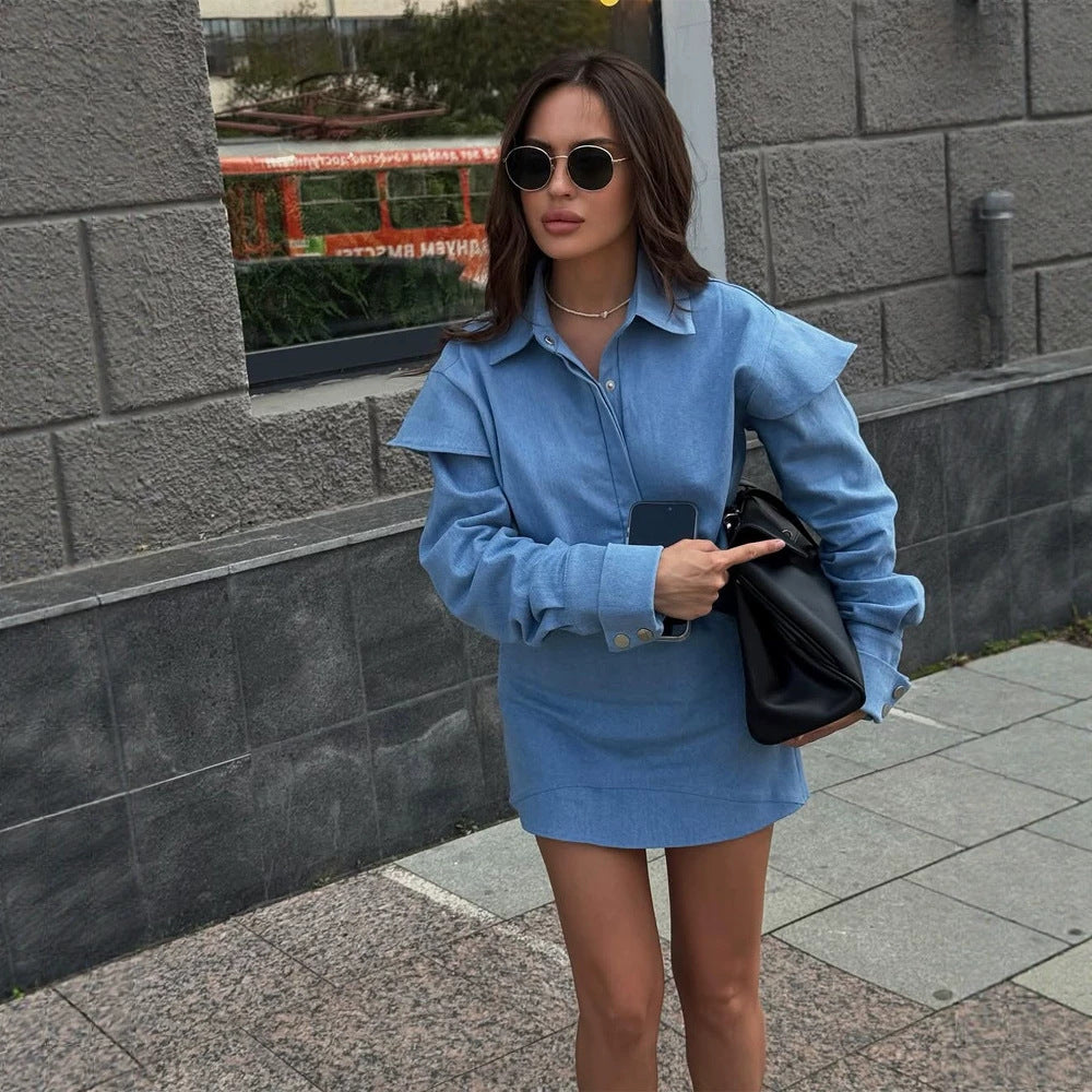 Women Two-Piece Denim Set with Oversized Shirt Jacket and Mini Skirt Mune Fashion