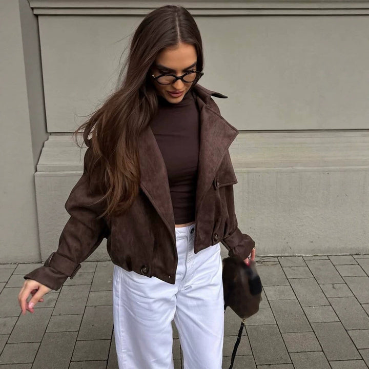 Women's Short Suede Leather Bomber Jacket with Voluminous Lapels, Epaulettes, and Fitted Elastic Hem Mune Fashion