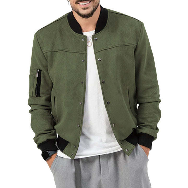 Men's velour look college bomber with press stud placket, ribbed collar and zip sleeve pocket Mune Fashion