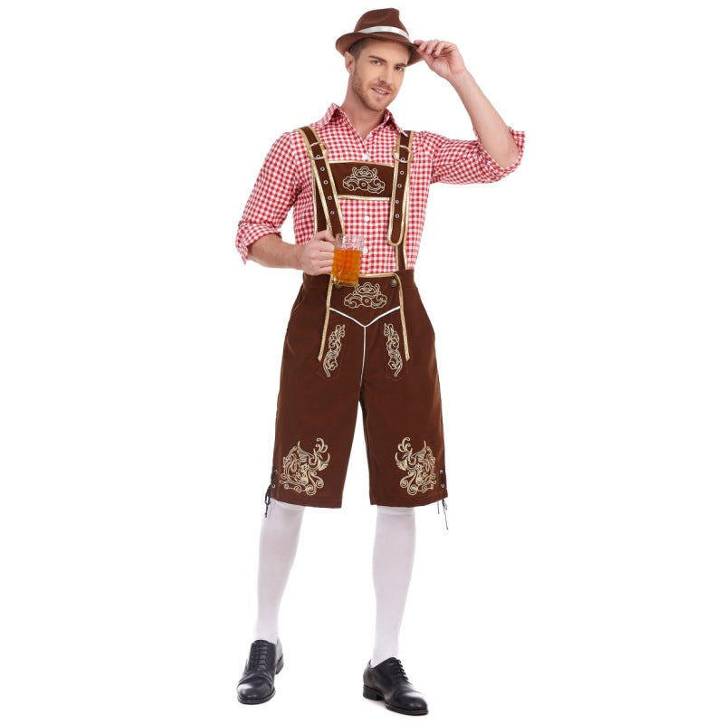 Men's faux-felt leather knee-length pants with baroque embroidery, adjustable straps, and decorative rivets Mune Fashion