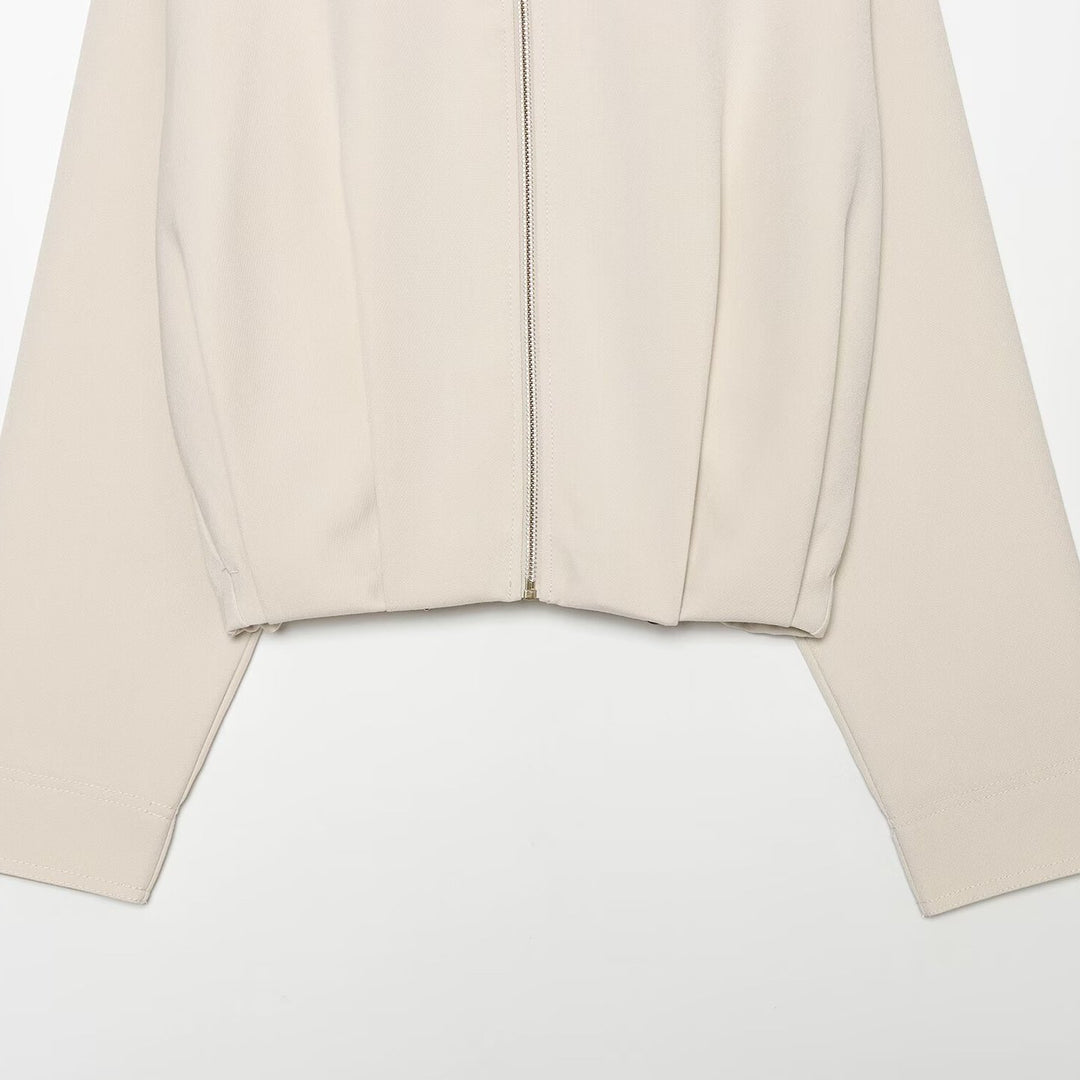 Women's Cropped Bomber Jacket with High Stand Collar, Full Metal Zip and Fitted Cuffs