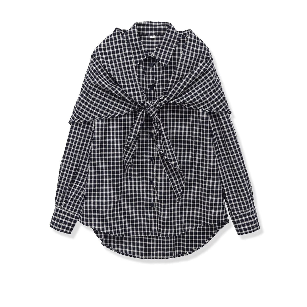 Women Oversize Checked Shirt Blouse with Cape Shoulder and Tie Bow Mune Fashion