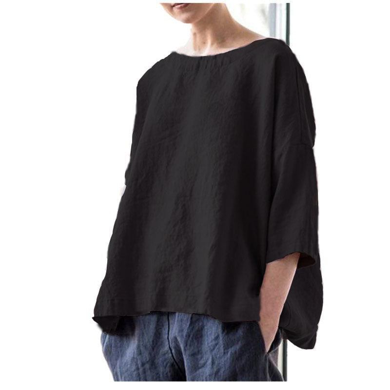 Women's oversized linen blouse with wide boxy cut, boat neckline and 3/4 sleeves Mune Fashion