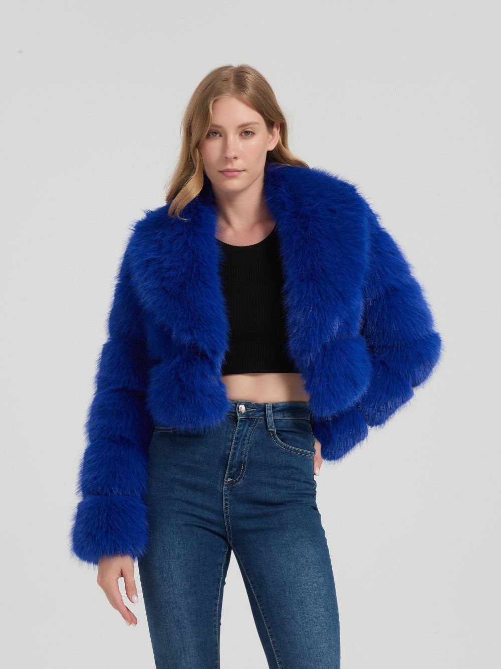 Ladies short-cut faux fur bolero jacket with voluminous shawl collar Mune Fashion