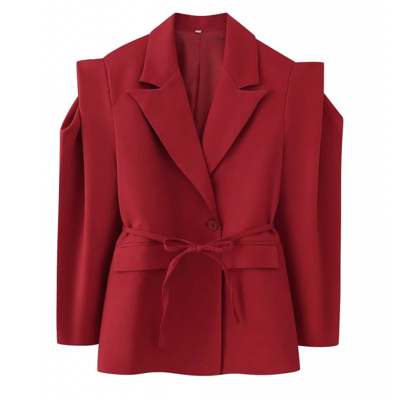 Women Tailored Blazer with Delicate Tie Waist, Emphasized Shoulder Area and Flap Pockets Mune Fashion
