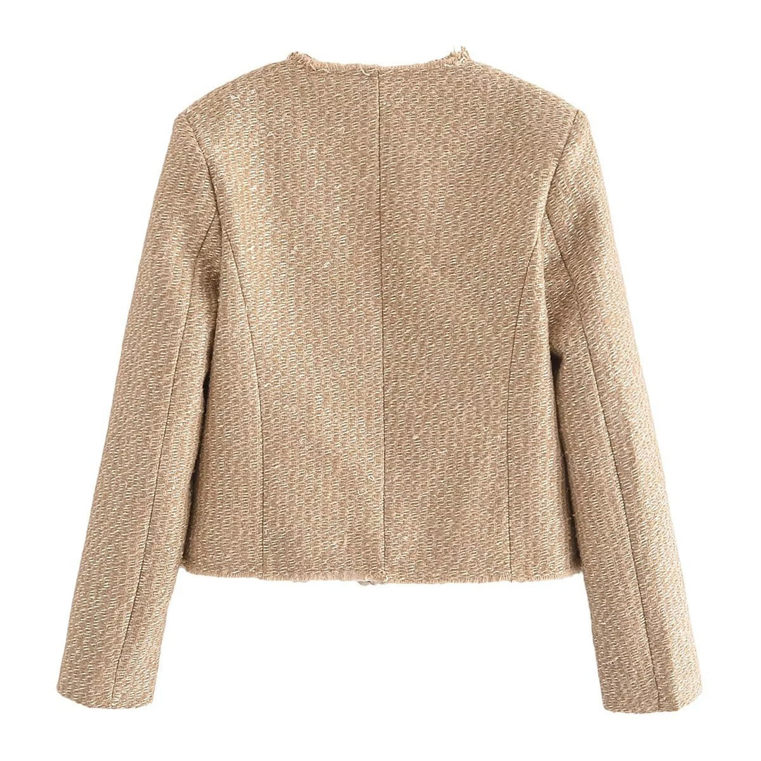 Women's Boucle Cropped Jacket without Collar with Decorative Buttons and Patch Pockets Mune Fashion