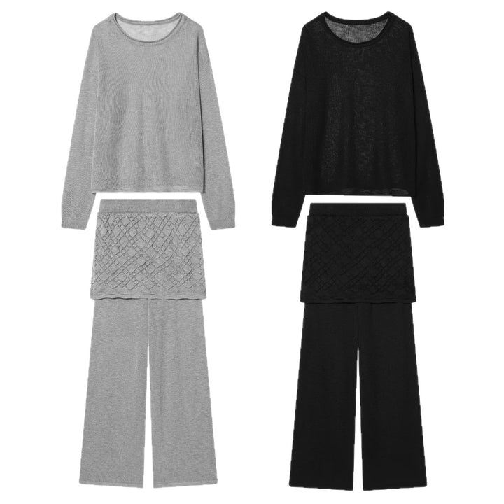 Women's Two-Piece Fine Knit Set with Airy Round Neckline, Wide Pleated Look Pants and Decorative Skirt Overlay Mune Fashion