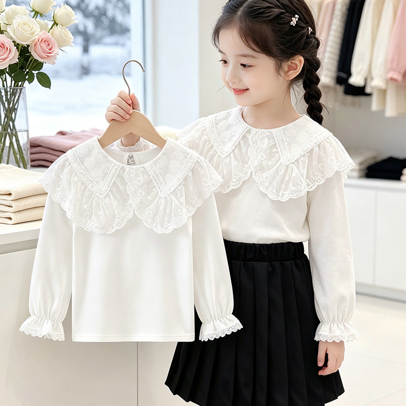 Girl's blouse with elegant lace collar and ruffle details Mune Fashion