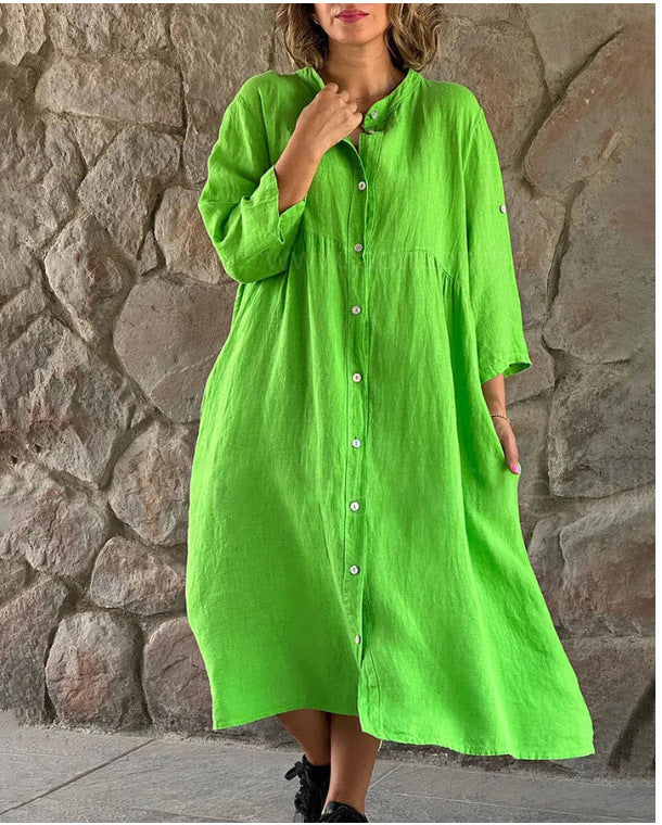 Women's Loose Midi Dress in Linen Blend with Continuous Button Placket and Side Pockets Mune Fashion