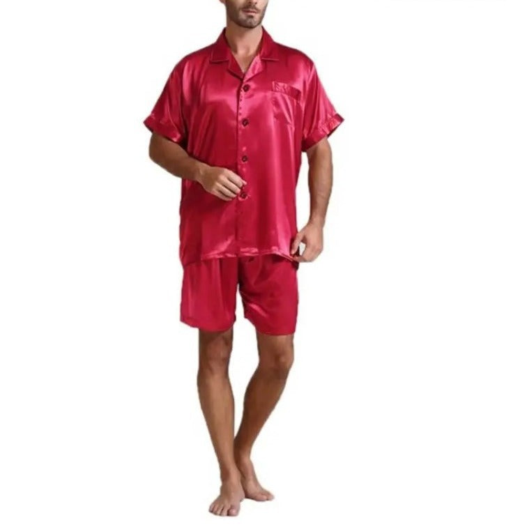 Unisex nan silky-shiny short-sleeve pajama set with shirt collar and elastic waistband Mune Fashion