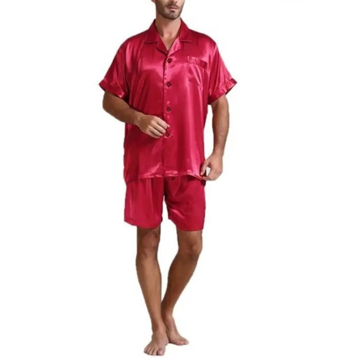 Unisex nan silky-shiny short-sleeve pajama set with shirt collar and elastic waistband Mune Fashion