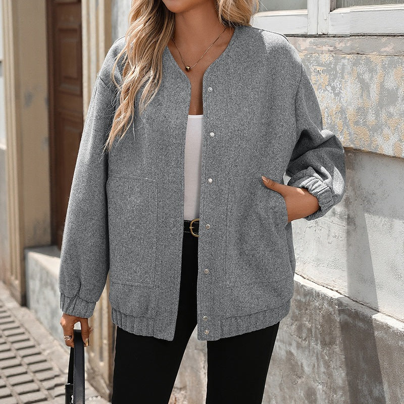 Women Oversize Bomber Jacket with Round Neckline, Snap Button Placket and Patch Pockets Mune Fashion