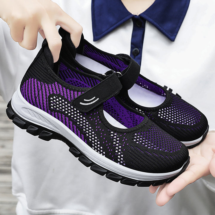 Women's breathable knitted Mary Jane walking sneakers with Velcro and cushioning lightweight sole Mune Fashion