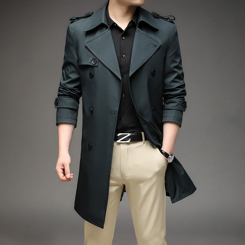 Men's Long Slim-Fit Double-Breasted Trench Coat with Epaulettes and Waist Belt Mune Fashion