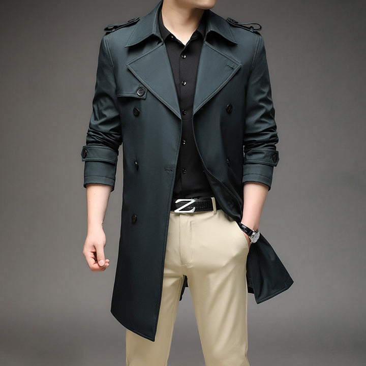 Men's Long Slim-Fit Double-Breasted Trench Coat with Epaulettes and Waist Belt Mune Fashion