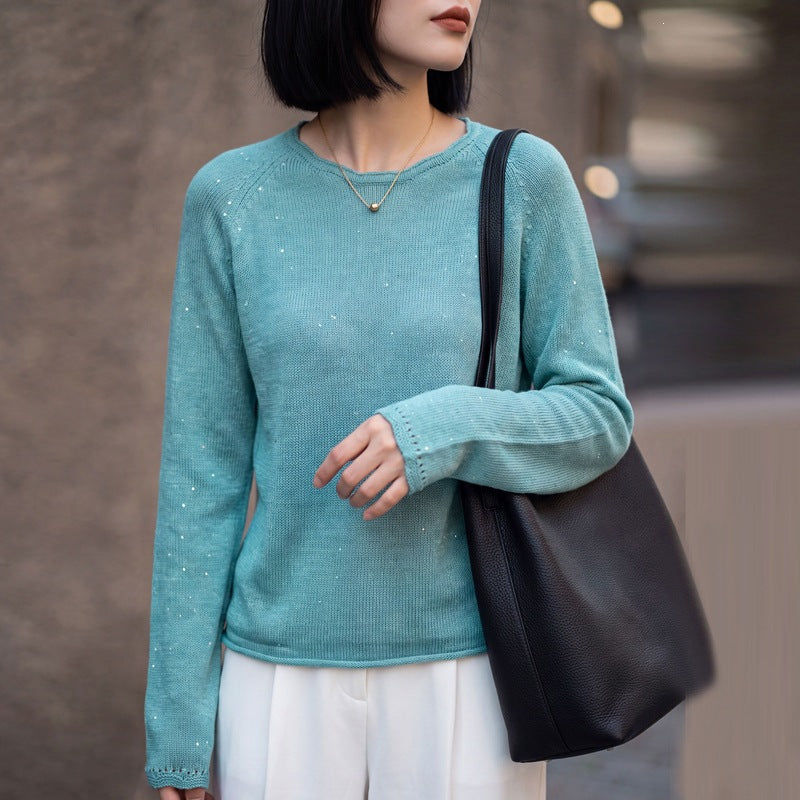 Women lightweight fine knit sweater with subtle glitter look and raglan sleeves Mune Fashion