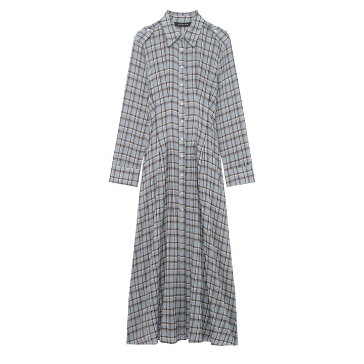 Women's Long Checked Shirt Dress with Full Button Placket and A-Line Silhouette Mune Fashion