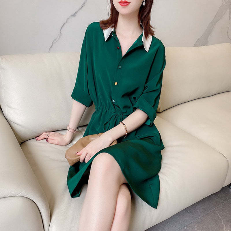 Women Casual Midi Dress with Contrasting Collar Mune Fashion