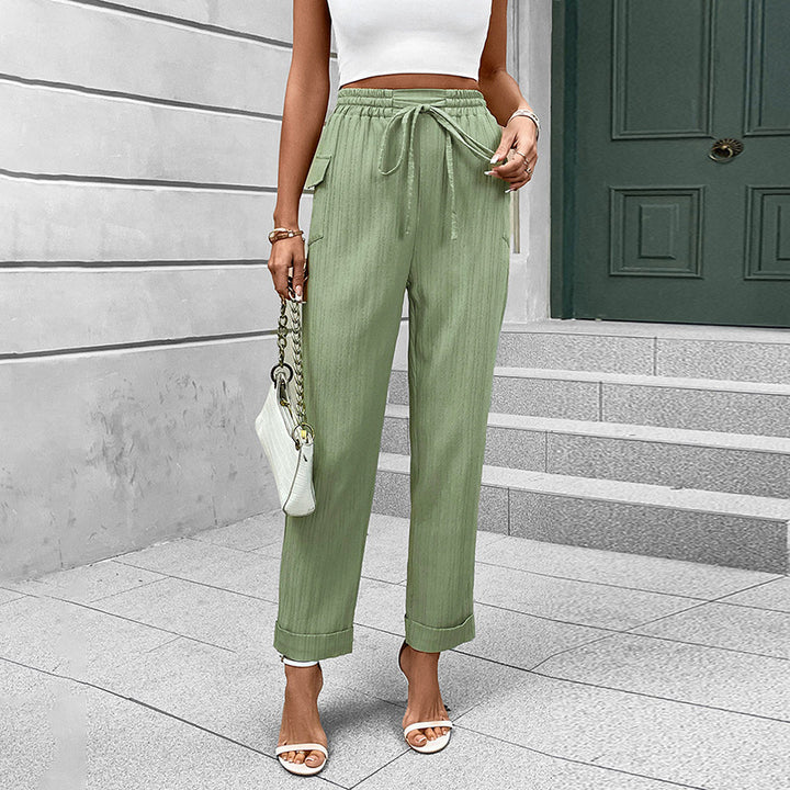 Women's Lightweight High-Waist Pants with Elastic Waistband, Drawstring, and Patch Pockets Mune Fashion