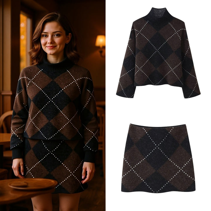 Women's Knit Set made of Turtle Neck Poncho and Mini Skirt with Argyle Pattern Mune Fashion