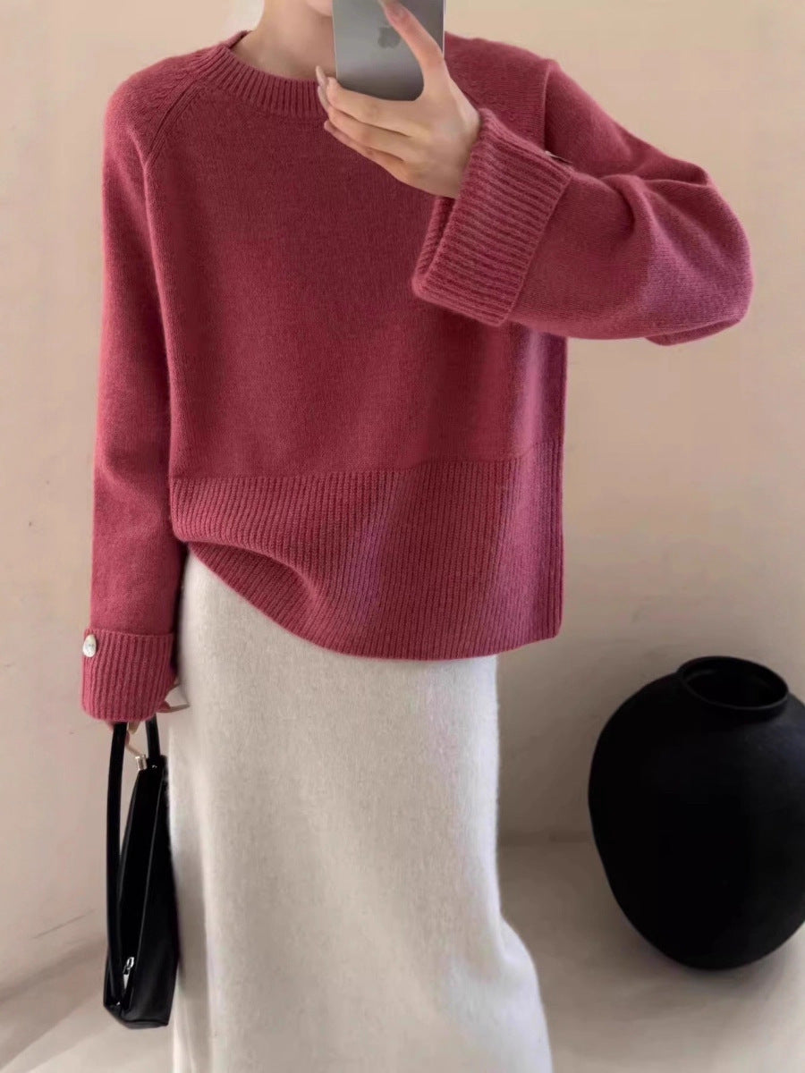 Women's Oversize Crew Neck Sweater with Extended Cuffs and Decorative Button Mune Fashion