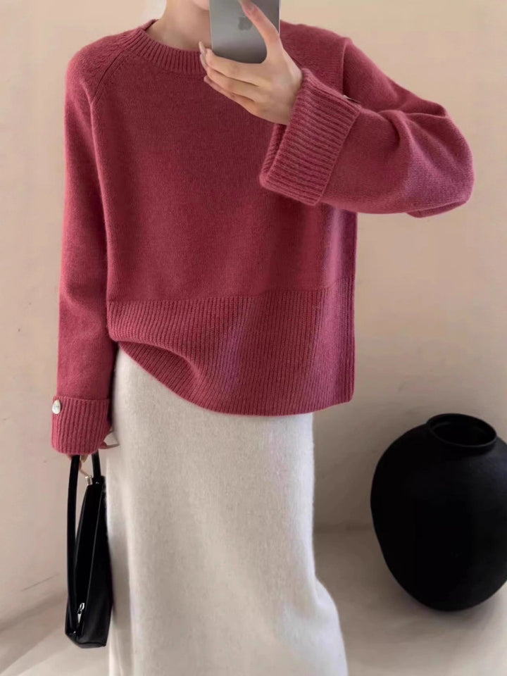 Women's Oversize Crew Neck Sweater with Extended Cuffs and Decorative Button Mune Fashion