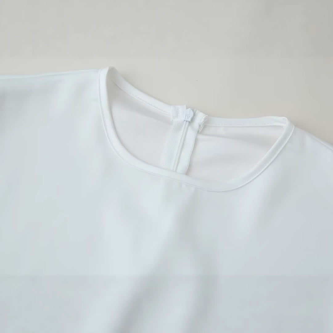 Women's satin blouse with lace trim, scalloped hem, and wide sleeves Mune Fashion