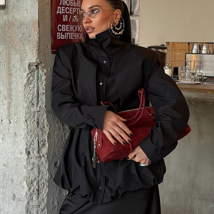 Women's Sculptural Boxy Blouson with High Stand-Up Collar and Gathered Volume Hem Mune Fashion