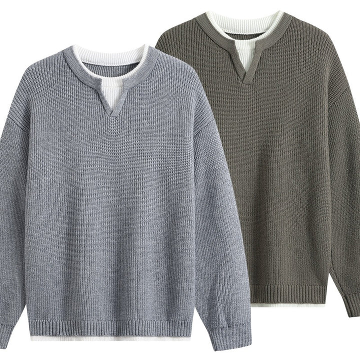 Men's Oversize Structured Knit Sweater with V-insert at Crew Neck Mune Fashion